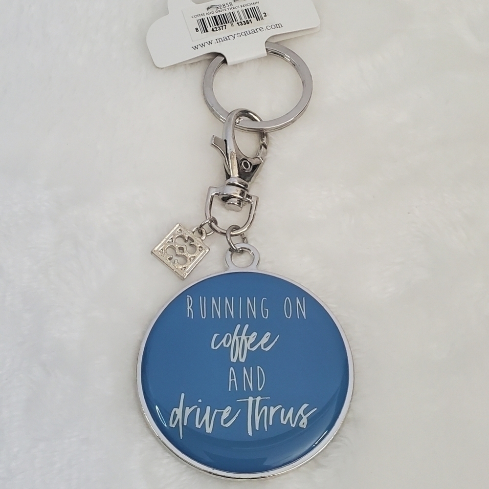 Mary Square Running On Coffee And Drive Thrus Blue Silver Enamel Charm Keychain